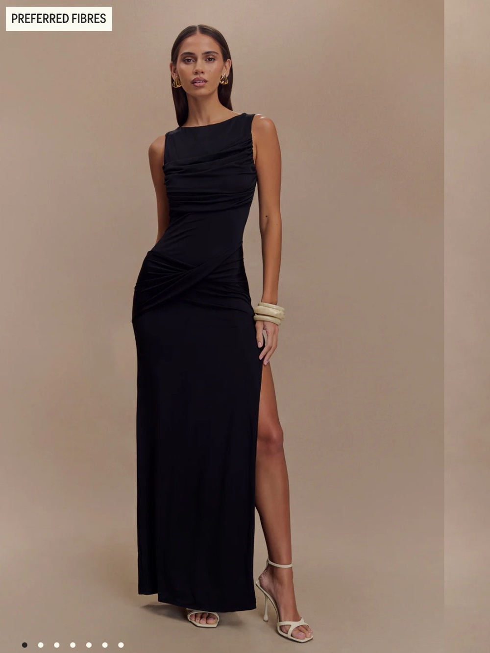 Meshki Black Sleeveless Ruched Side-Slit Open Back Maxi Dress